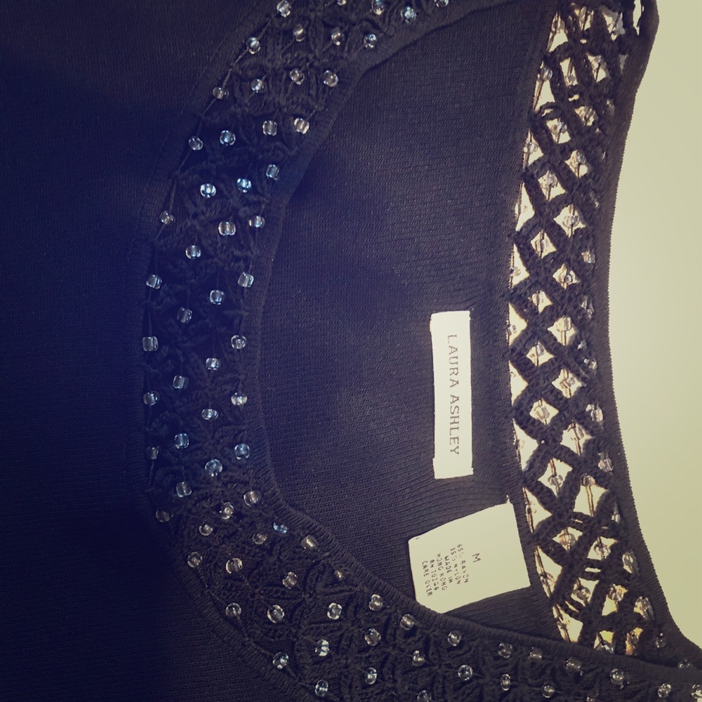 Clear beaded scoop neck black long sleeve top.